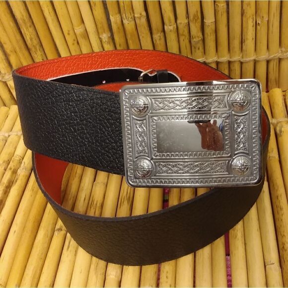 NWOT Black & Red 100% Leather Buckle Inside Adjustable Silver Large Buckle 34-38 - Picture 10 of 10